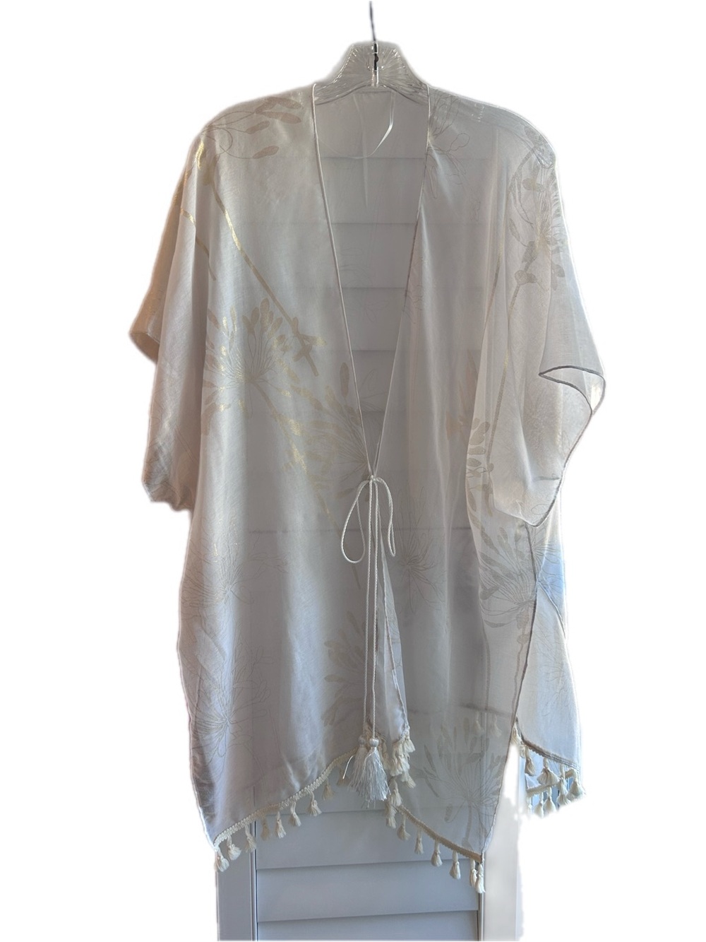 Lightweight White Tassel Kimono with Metallic Gold Floral Print